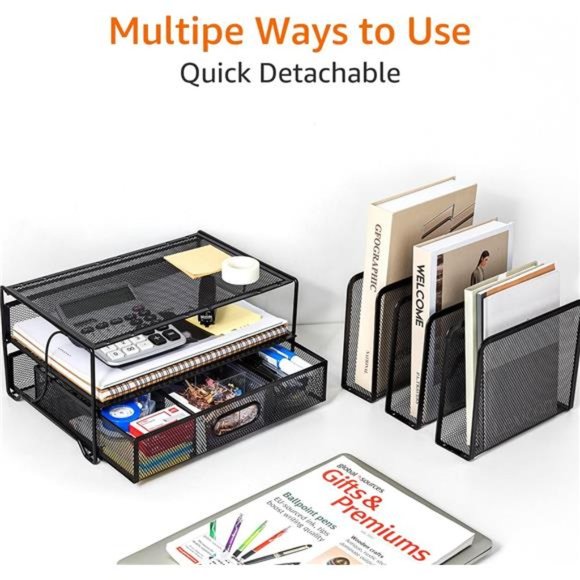 Mesh Desk Organizer with Sliding Drawer, Double Tray, Black - Picture 4 of 7